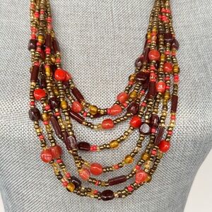 Chico’s Multi Strand Orange Gold Brown Beaded Necklace Goldtone Beads & Chain
